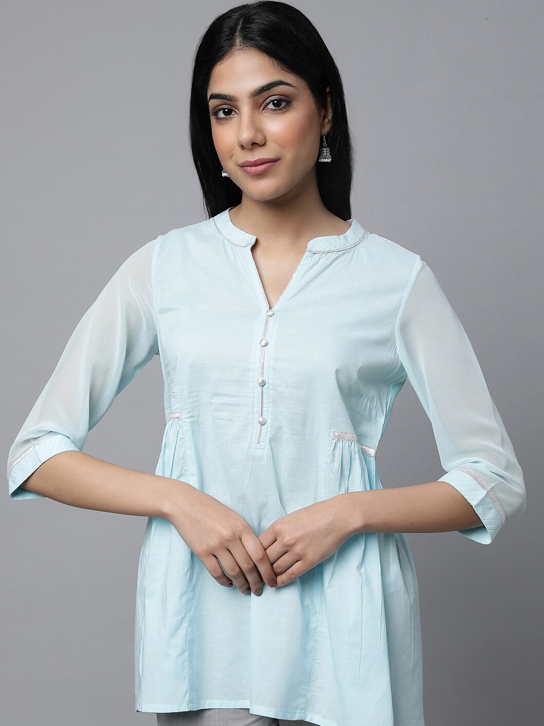

AURELIA Pleated A-Line Pure Cotton Kurti with Trousers, Blue