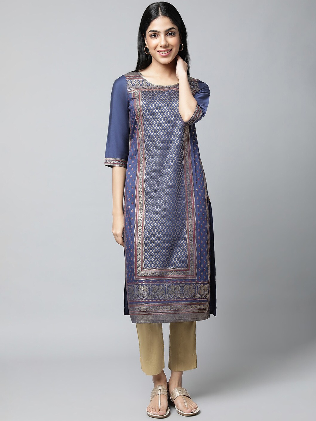 

AURELIA Ethnic Motifs Printed Sequined Kurta with Trousers, Navy blue