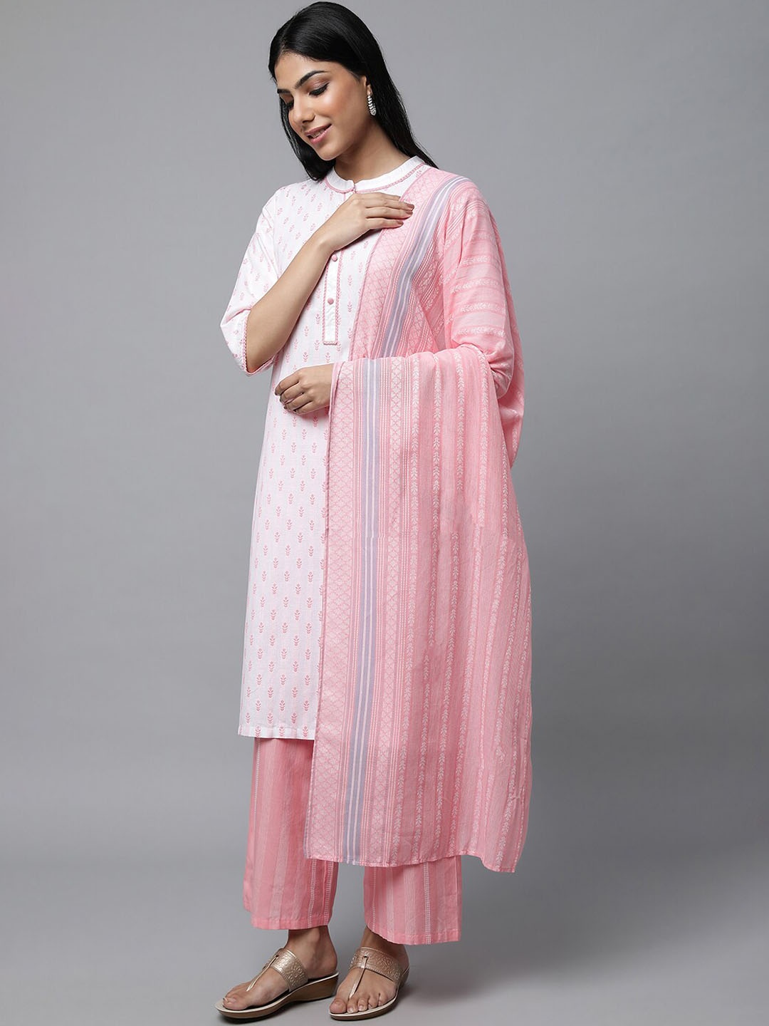 

AURELIA Ethnic Motifs Woven Design Pure Cotton Kurta with Palazzos & Dupatta, Pink