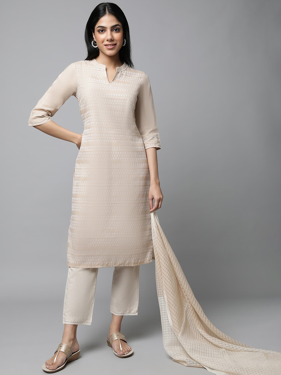 

AURELIA Ethnic Motifs Woven Design Pure Cotton Kurta with Trousers & Dupatta, Beige