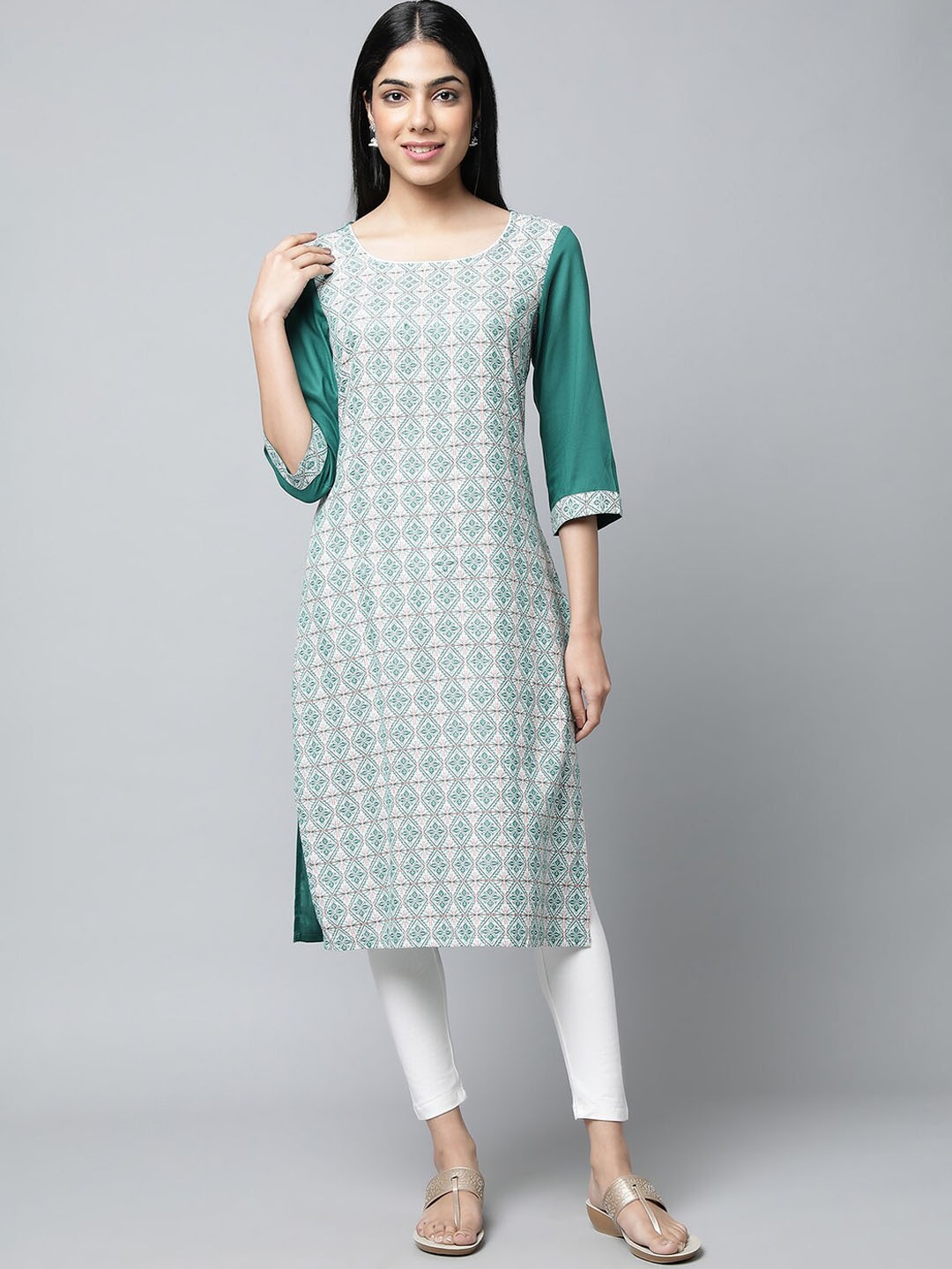 

AURELIA Ethnic Motifs Woven Design Pure Cotton Kurta With Leggings, Green