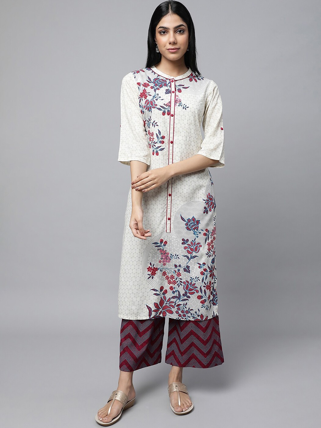 

AURELIA Mandarin Collar Floral Printed Straight Kurta with Palazzos, White