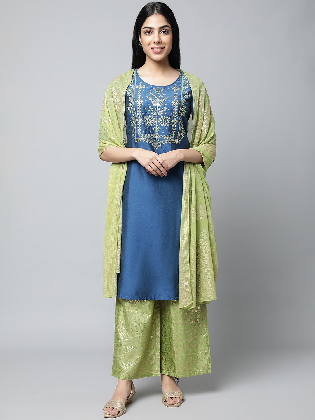 

AURELIA Floral Embroidered Sequined Kurta with Palazzos & Dupatta, Navy blue