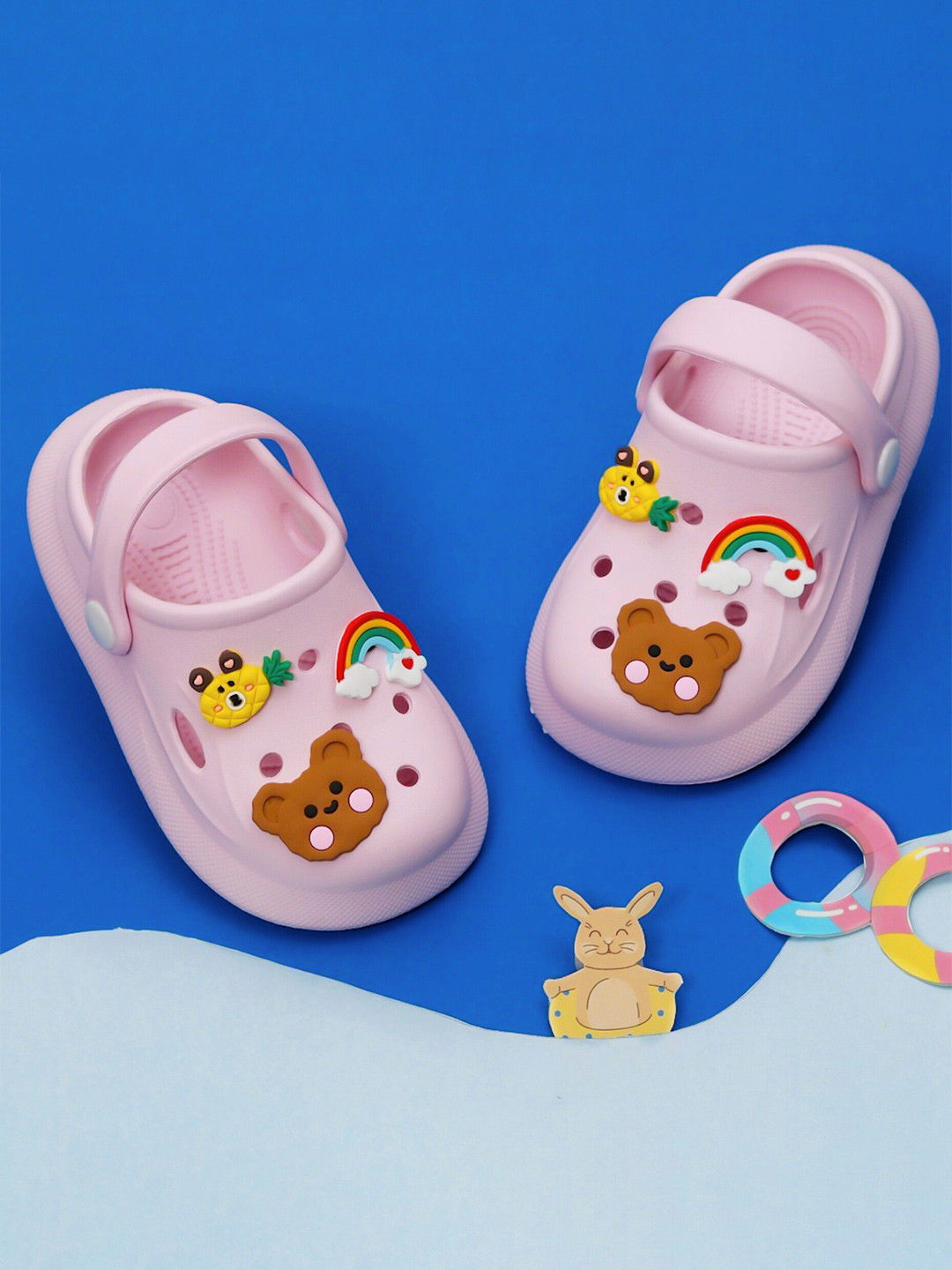 

Yellow Bee Girls Rainbow, Bear and Pineapple Applique Clogs, Pink