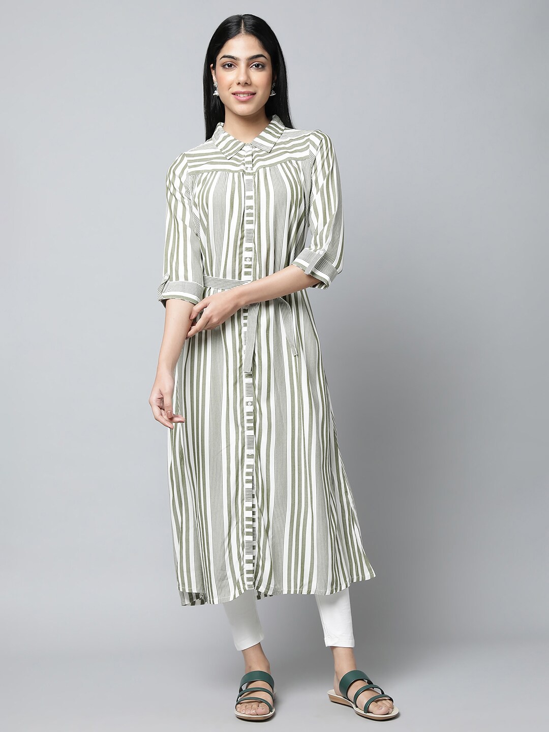

AURELIA Striped Shirt Collar Roll-Up Sleeves Belted Panelled Kurta With Leggings, Olive