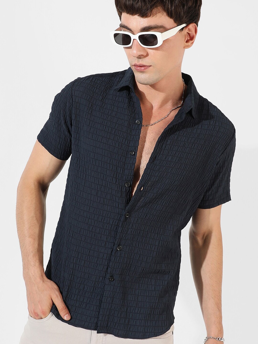 

Campus Sutra Black Classic Textured Spread Collar Casual Shirt