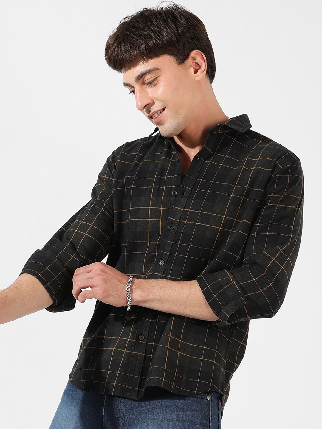 

Campus Sutra Dark Green Classic Tartan Checked Cotton Casual Shirt, Black