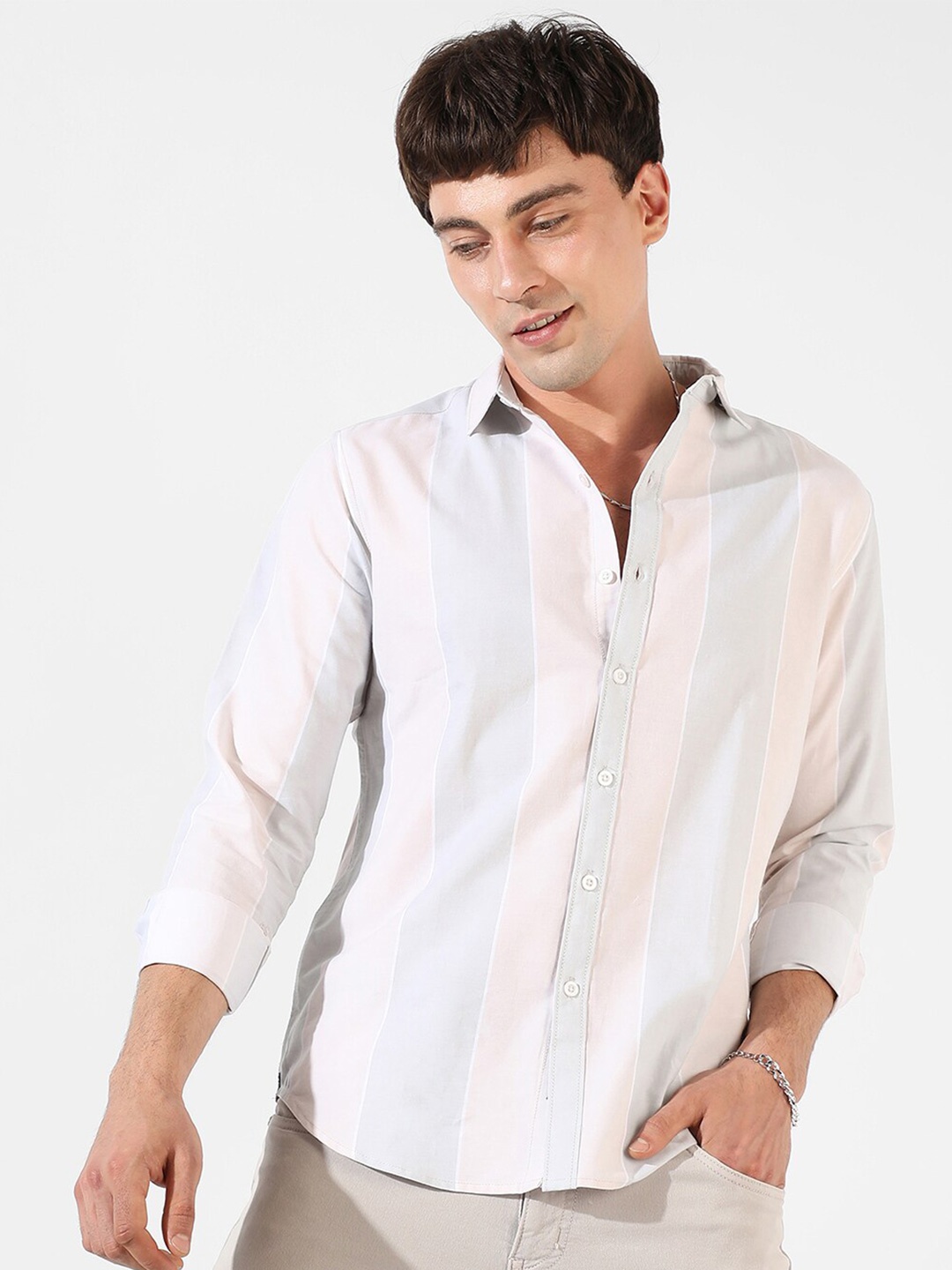 

Campus Sutra Blue & pink Classic Striped Cotton Casual Shirt