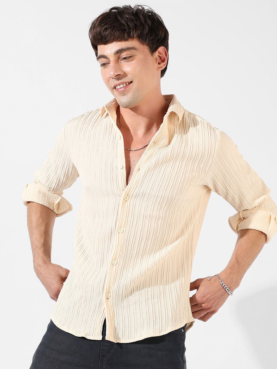 

Campus Sutra Yellow Self Design Classic Fit Casual Shirt