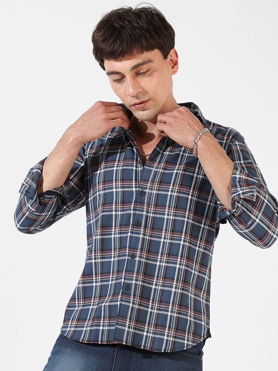 

Campus Sutra Blue Classic Tartan Checked Cotton Casual Shirt