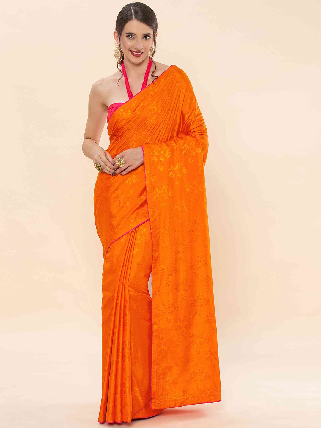 

elora Floral Woven Design Banarasi Saree, Orange