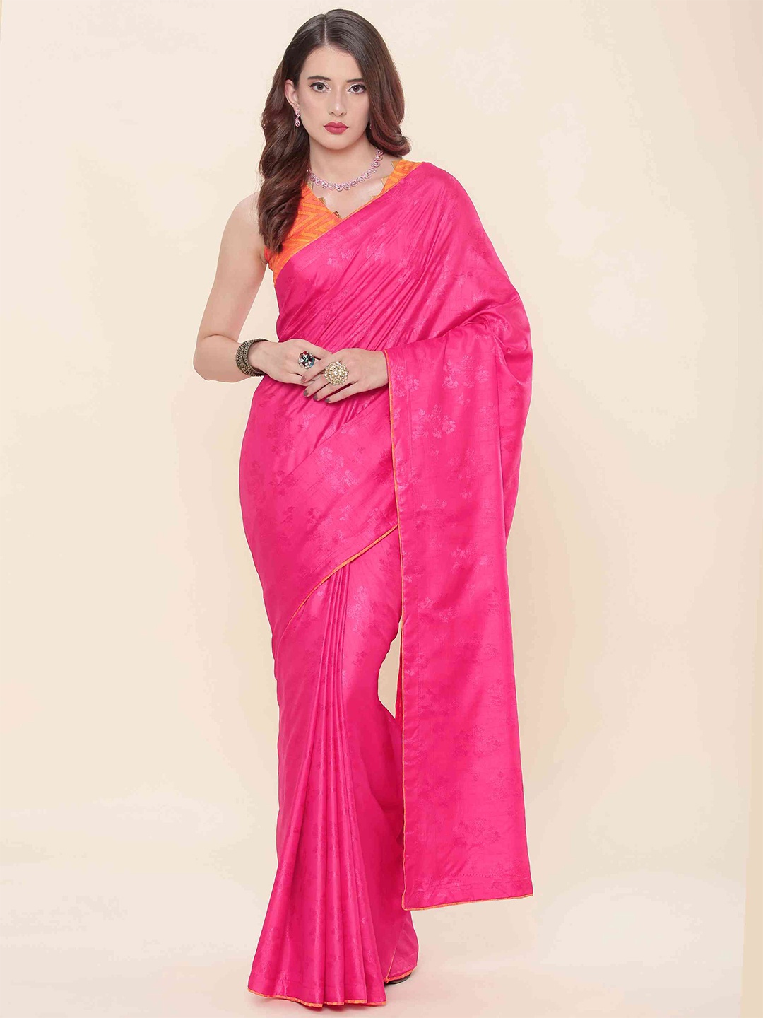 

elora Floral Art Silk Banarasi Saree With Blouse Piece, Pink