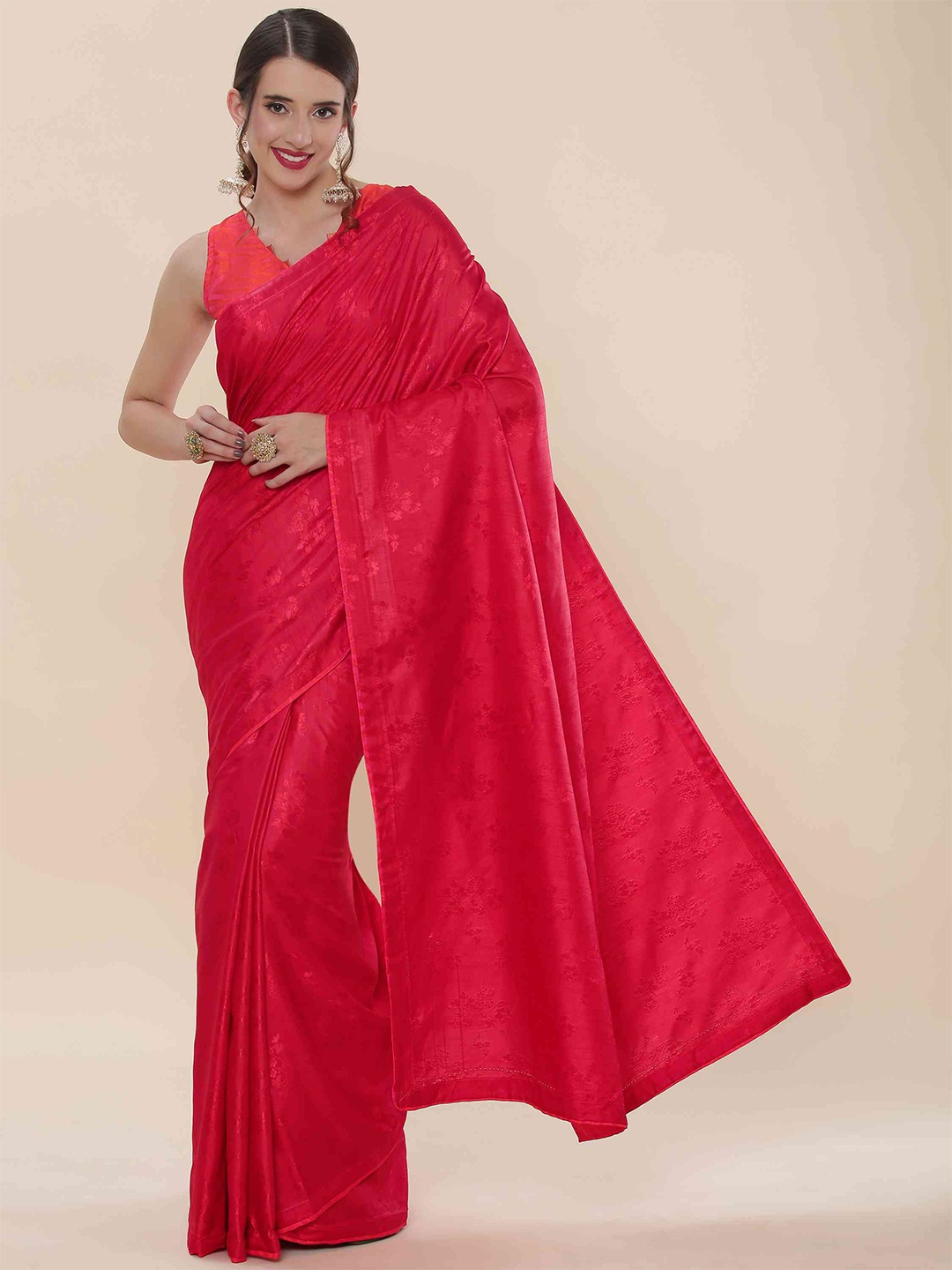 

elora Floral Woven Design Banarasi Saree, Red