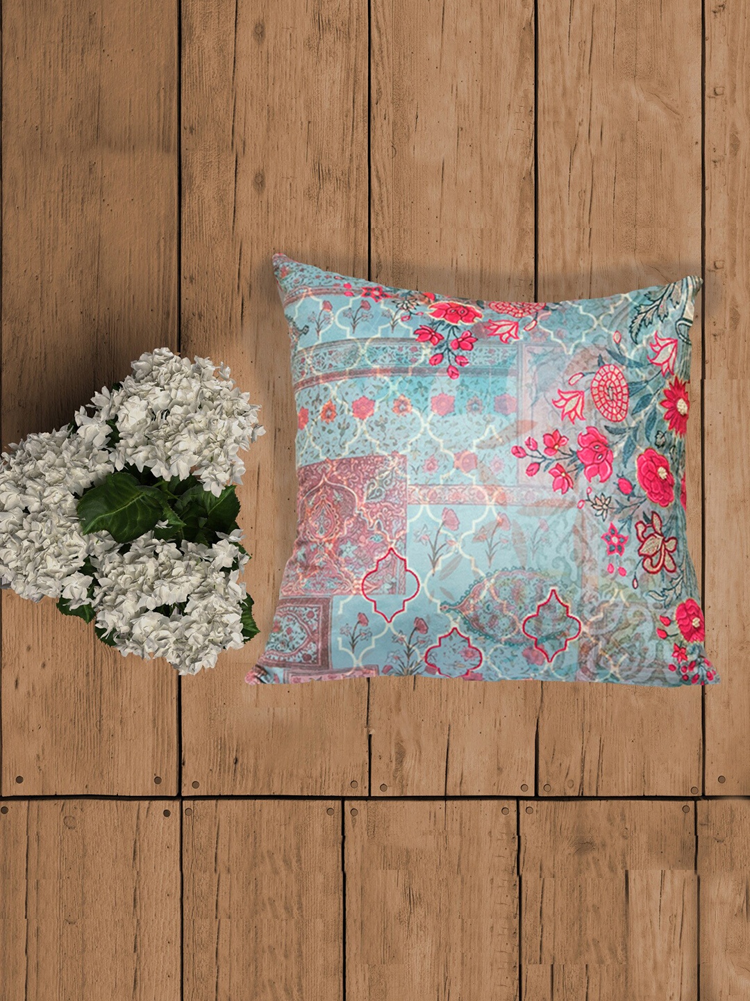 

ZEBA World Blue & Pink Floral Velvet Square Cushion Cover