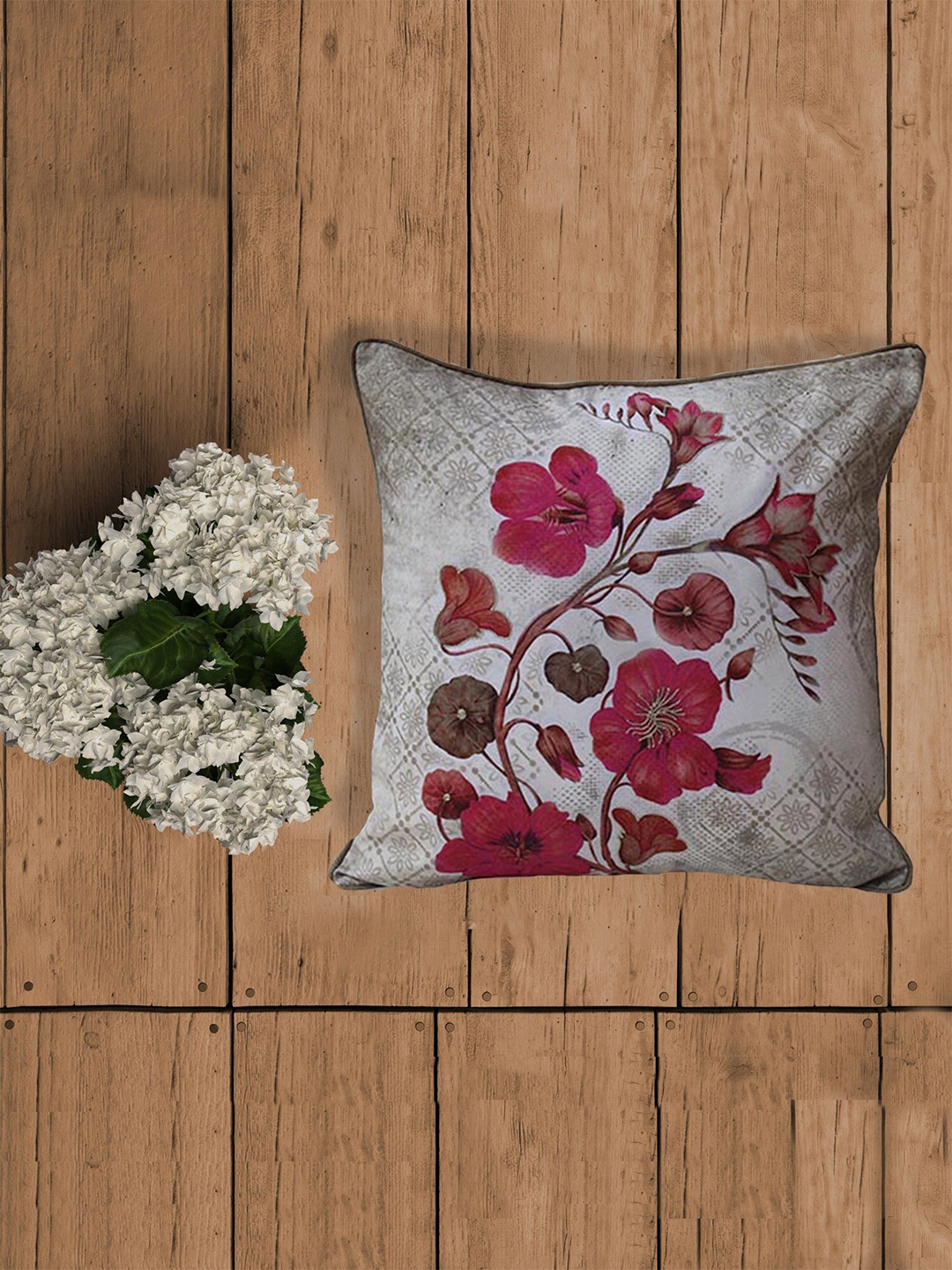 

ZEBA Beige & Grey Floral Printed Square Cushion Cover
