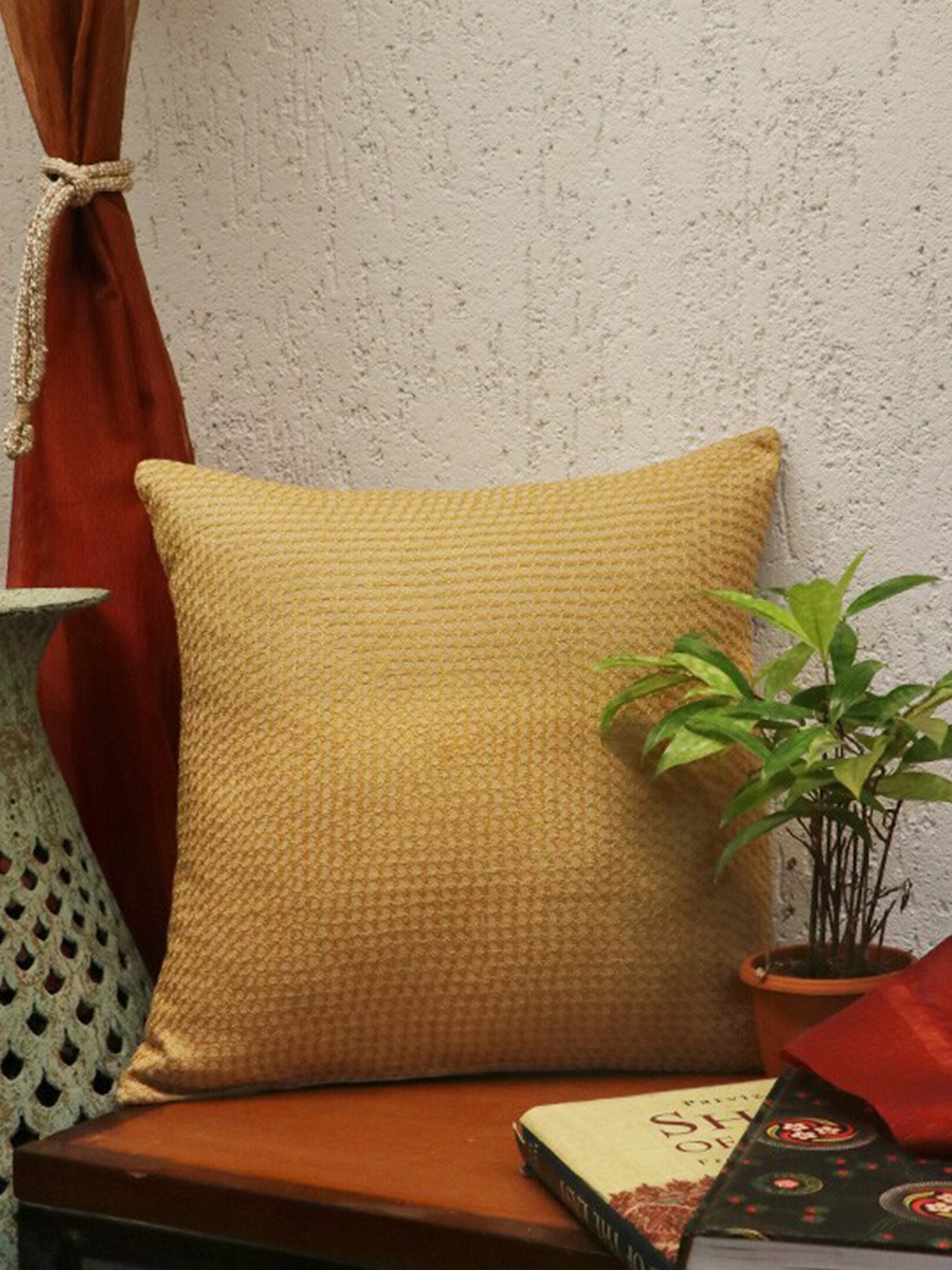 

ZEBA World Gold-Toned Self Design Square Cotton Cushion Cover