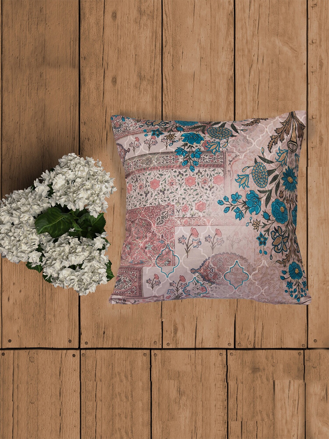 

ZEBA Off White & Green Ethnic Motifs Printed Velvet Square Cushion Cover