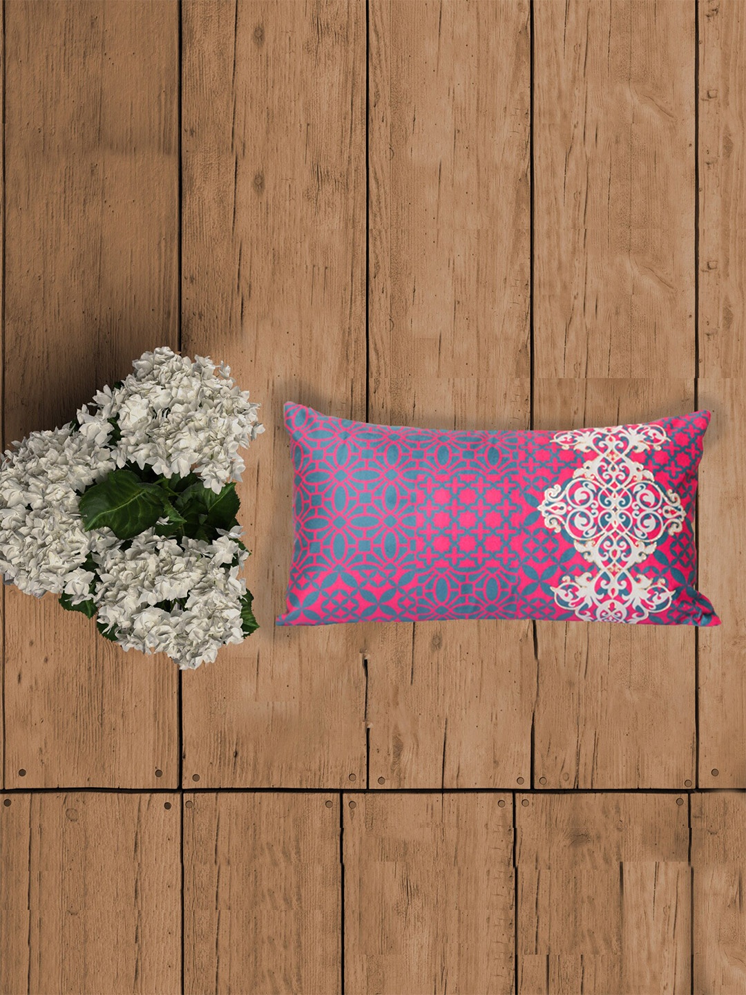 

ZEBA World Pink & Blue Ethnic Motifs Velvet Rectangle Cushion Cover