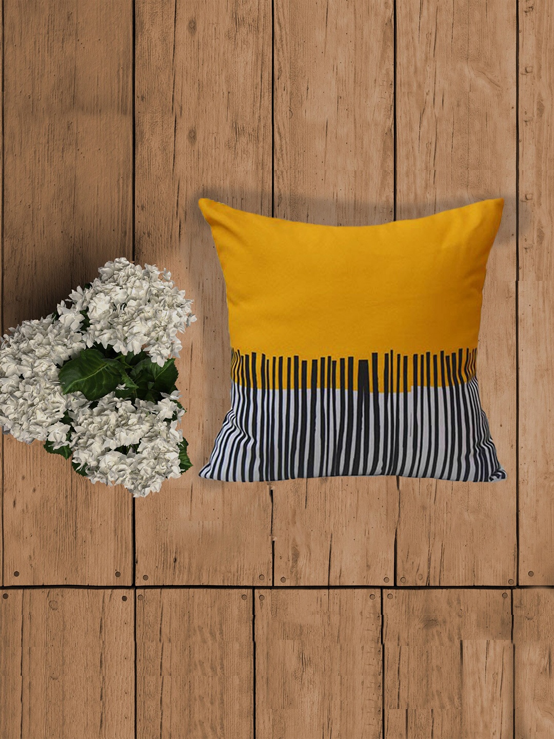 

ZEBA Yellow & White Striped Square Cushion Cover