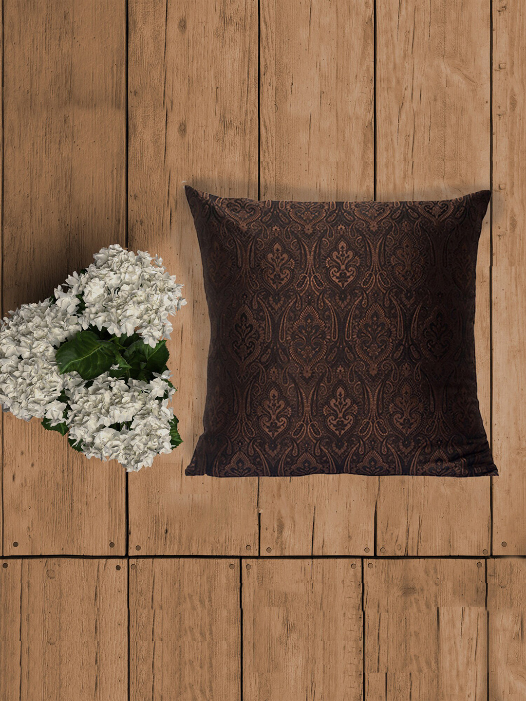 

ZEBA Brown Ethnic Motifs Printed Silk Square Cushion Cover