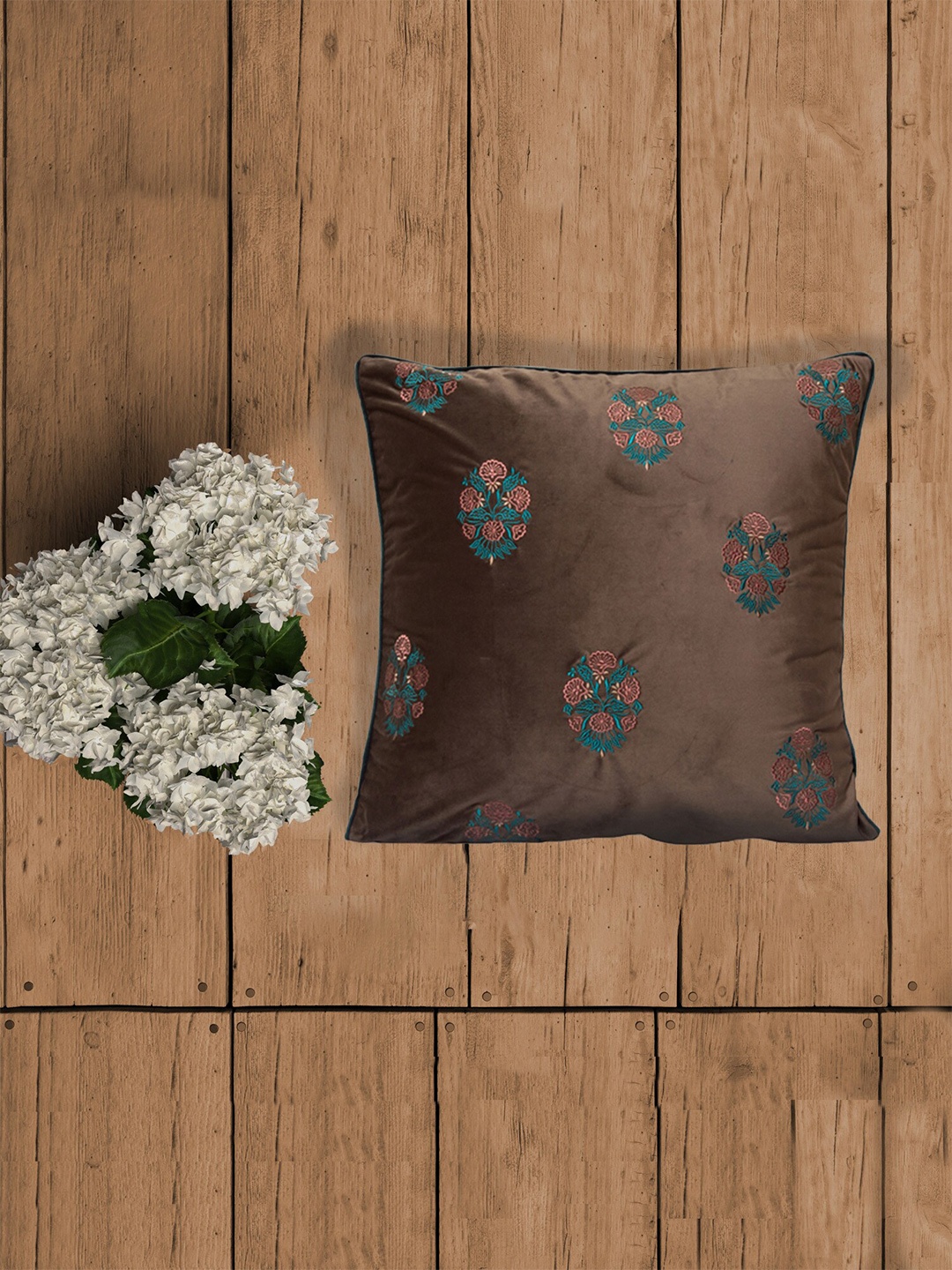 

ZEBA Brown & Blue Embroidered Velvet Square Cushion Cover
