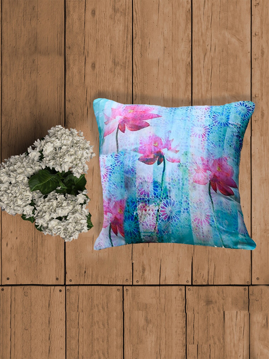 

ZEBA Blue & Pink Floral Printed Square Cushion Cover