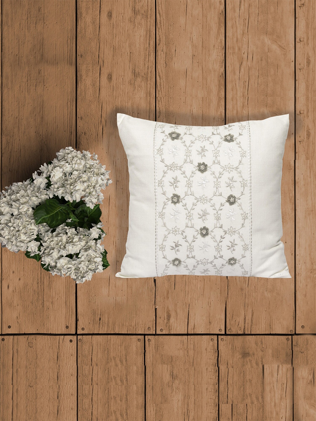 

ZEBA World Off White & Beige Floral Embroidered Square Cotton Cushion Cover