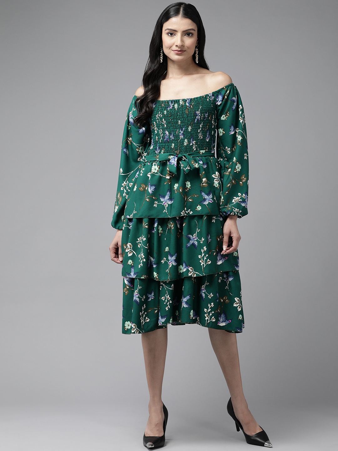 

Aarika Floral Print Off-Shoulder Puff Sleeves Layered Georgette Fit & Flare Dress, Green