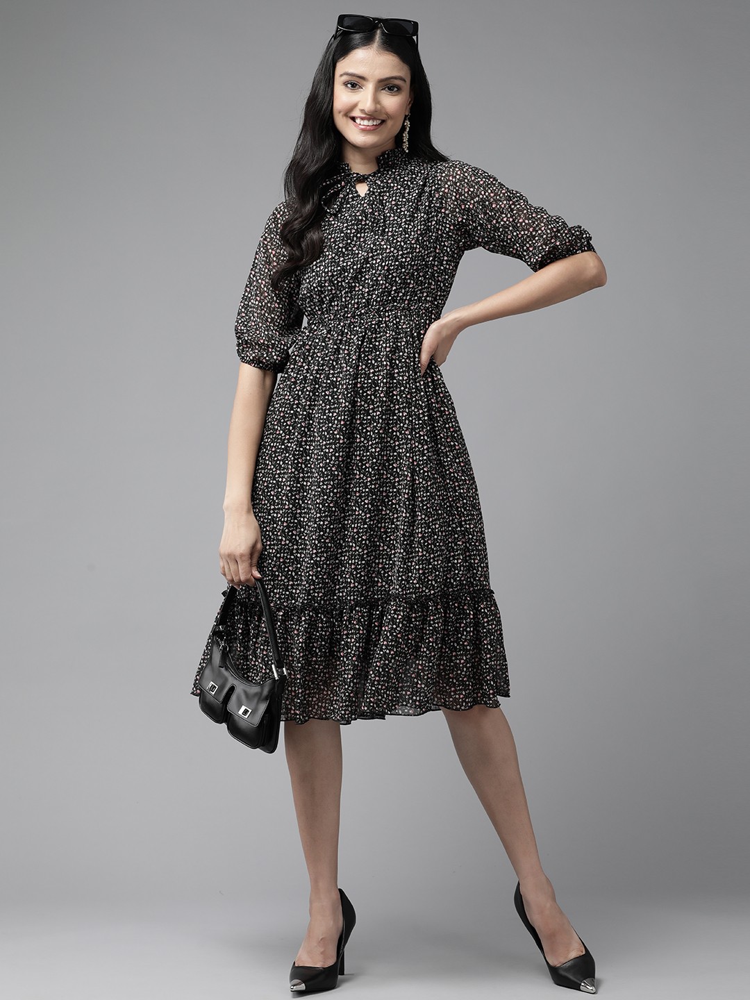 

Aarika Floral Print Tie-Up Neck Puff Sleeves Georgette Fit & Flare Dress, Black