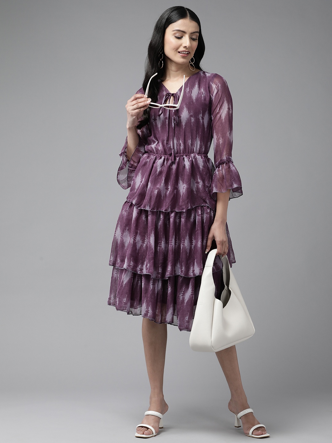 

Aarika Print Tie-Up Neck Flared Sleeve Layered Georgette A-Line Dress, Purple