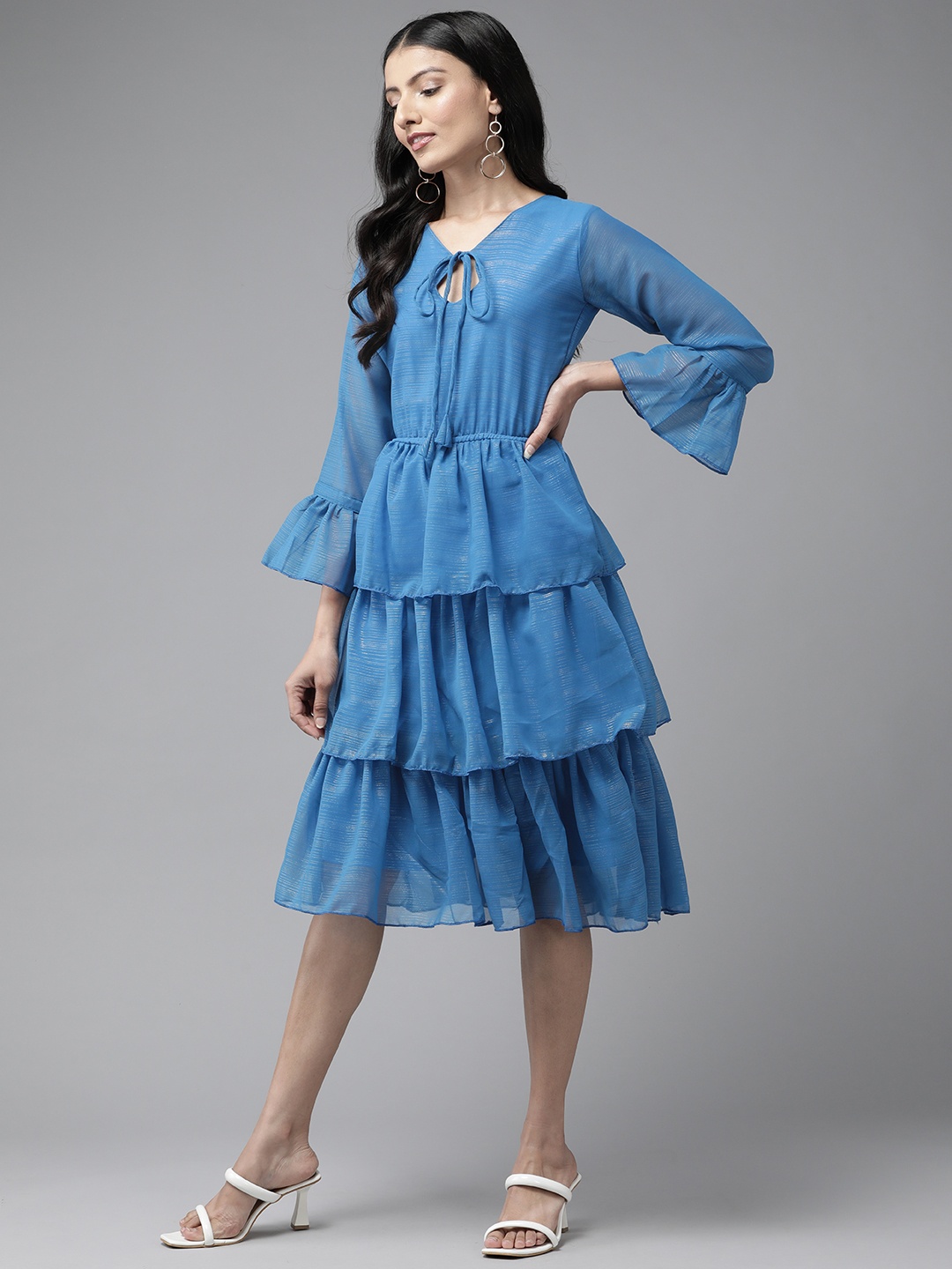 

Aarika Tie-Up Neck Flared Sleeve Layered Georgette A-Line Dress, Blue