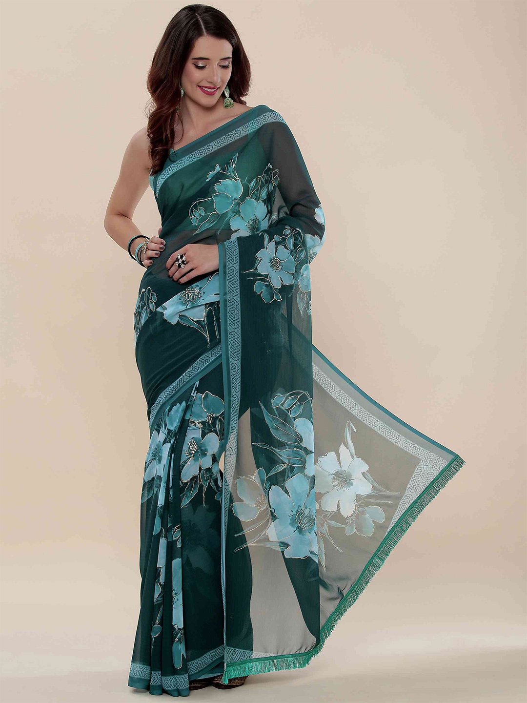 

elora Floral Printed Saree, Turquoise blue