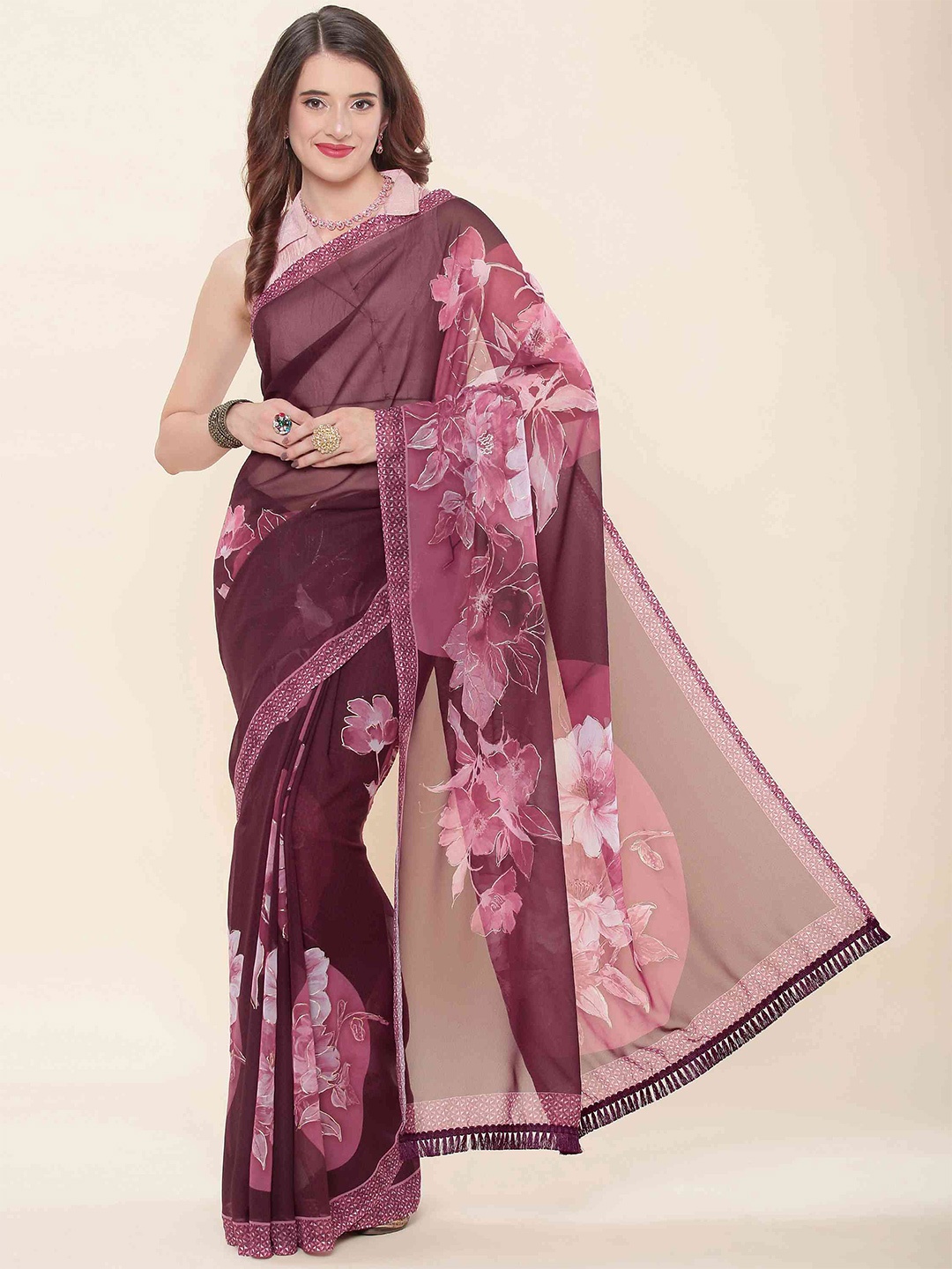 

elora Floral Poly Georgette Bhagalpuri Saree With Blouse Piece, Burgundy