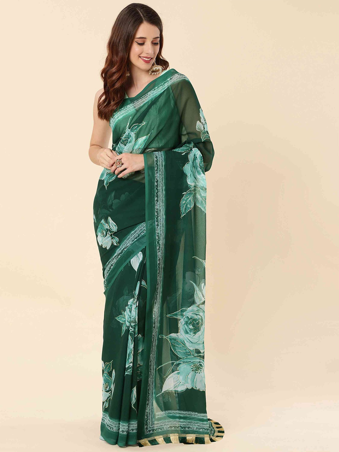 

elora Floral Printed Saree, Green