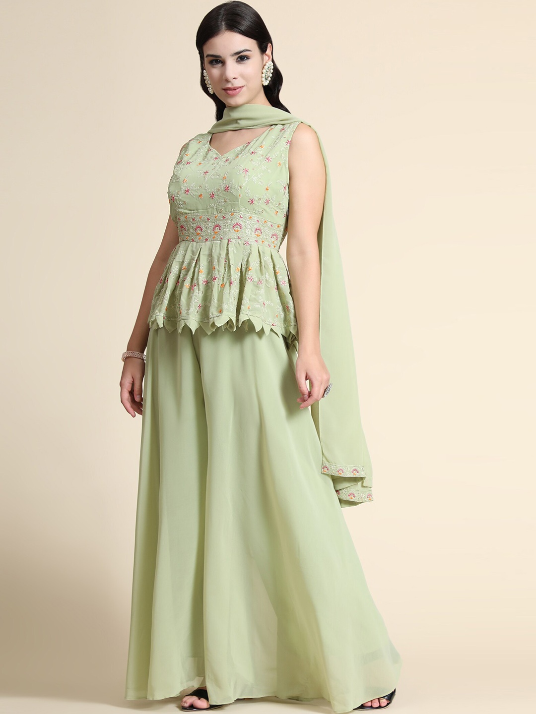 

KALINI Floral Embroidered Regular Thread Work Kurti With Palazzos & Dupatta, Green
