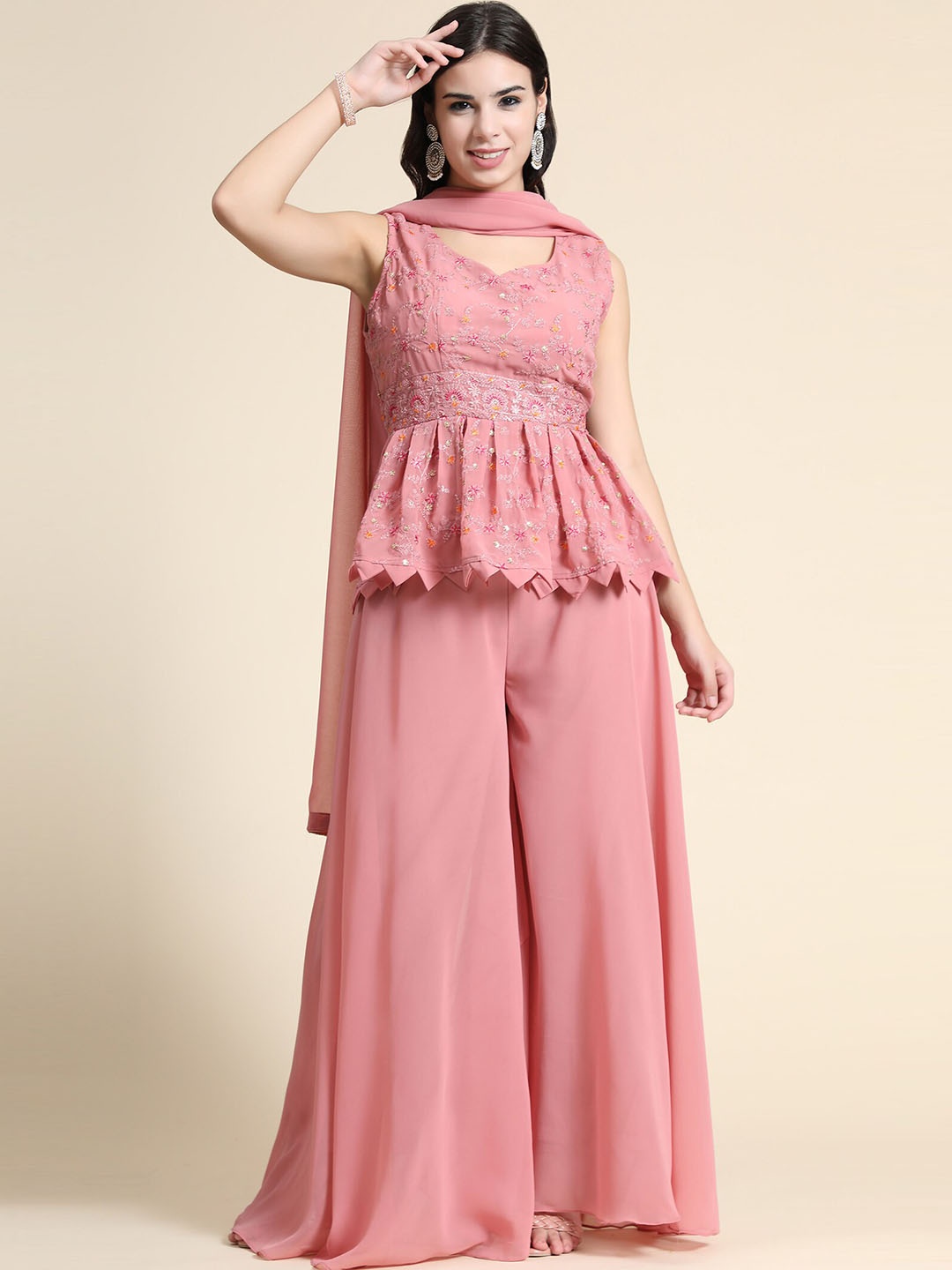 

KALINI Floral Embroidered Empire Kurti With Palazzos & Dupatta, Pink