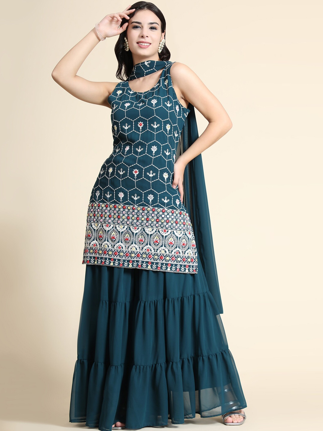 

KALINI Ethnic Motifs Embroidered Regular Thread Work Kurta With Sharara & Dupatta, Teal