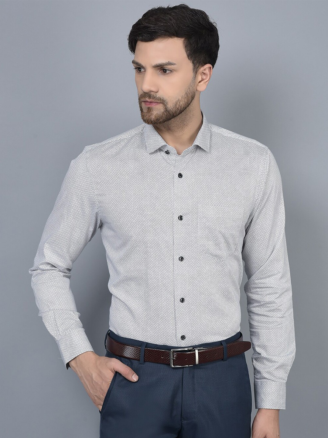 

COBB Smart Slim Fit Ditsy Printed Opaque Formal Shirt, Grey