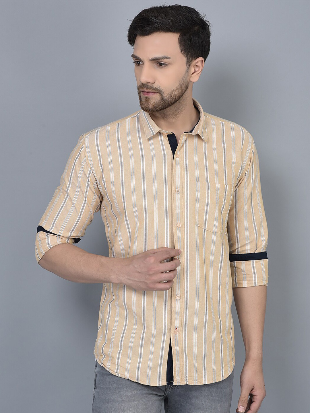 

COBB Vertical Striped Smart Slim Fit Cotton Casual Shirt, Brown