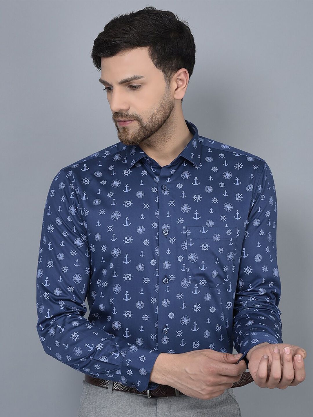 

COBB Smart Slim Fit Conversational Printed Opaque Formal Shirt, Navy blue