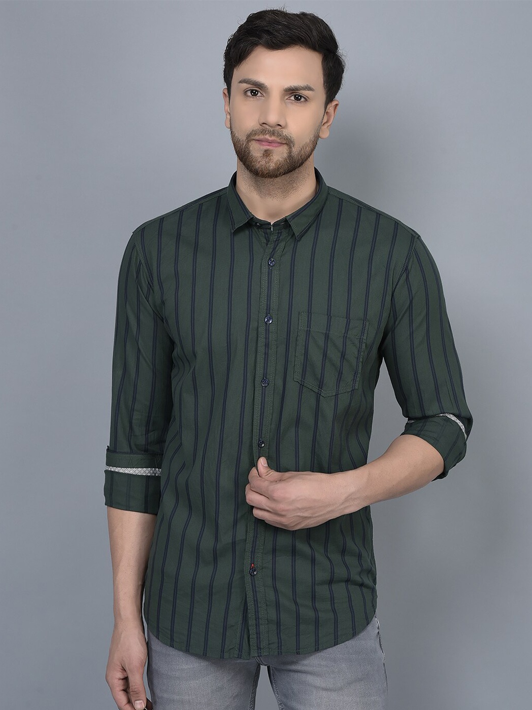 

COBB Vertical Striped Smart Slim Fit Cotton Casual Shirt, Green
