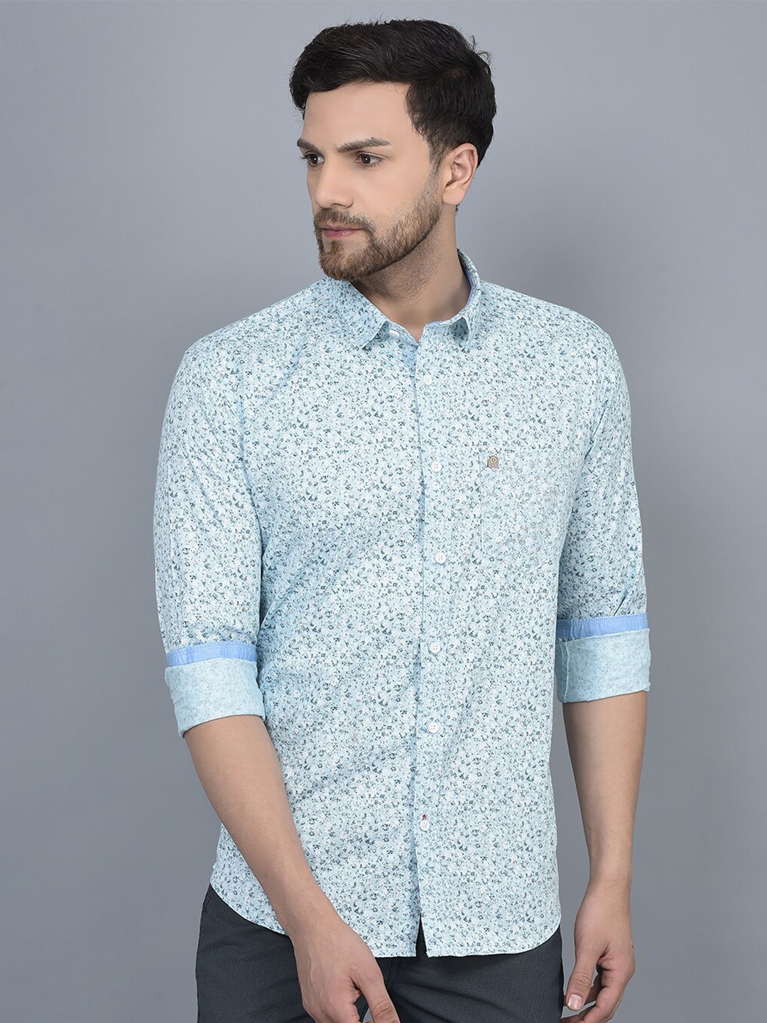 

COBB Floral Printed Smart Slim Fit Cotton Casual Shirt, Blue