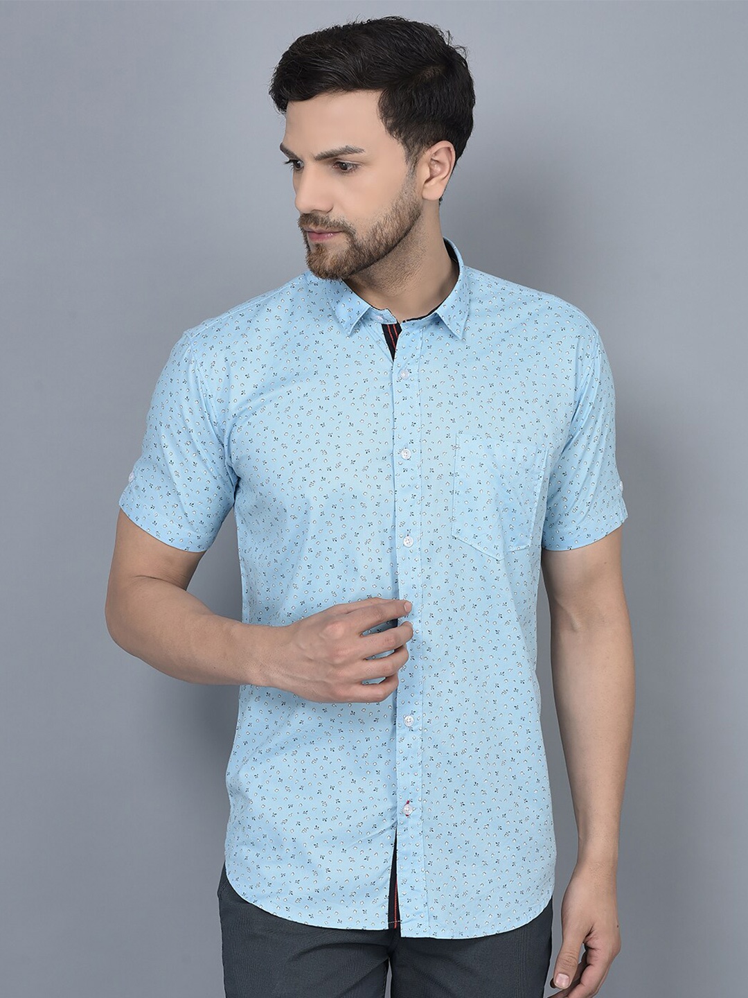 

COBB Floral Printed Smart Slim Fit Cotton Casual Shirt, Blue