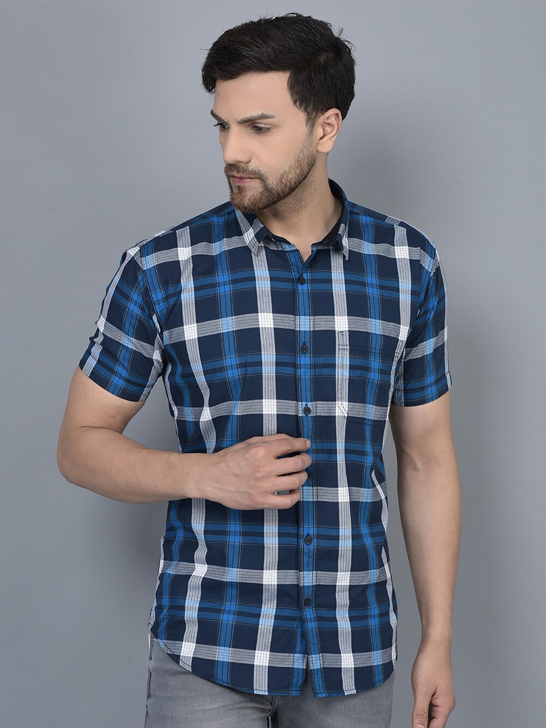 

COBB Checked Smart Slim Fit Cotton Casual Shirt, Navy blue