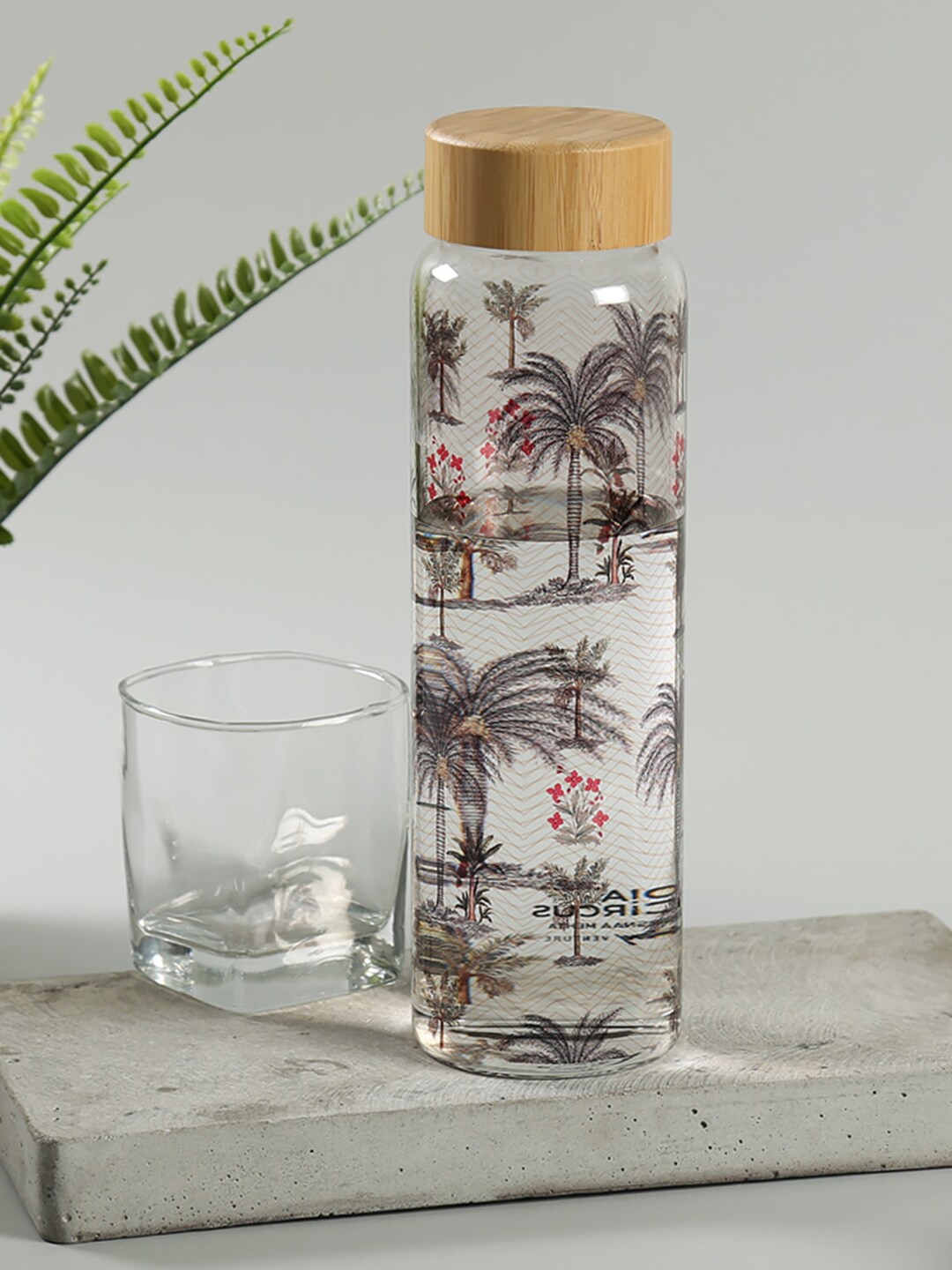 

India Circus by Krsnaa Mehta Tropical Print Leakproof Borosilicated Glass Water Bottle 1L, Transparent