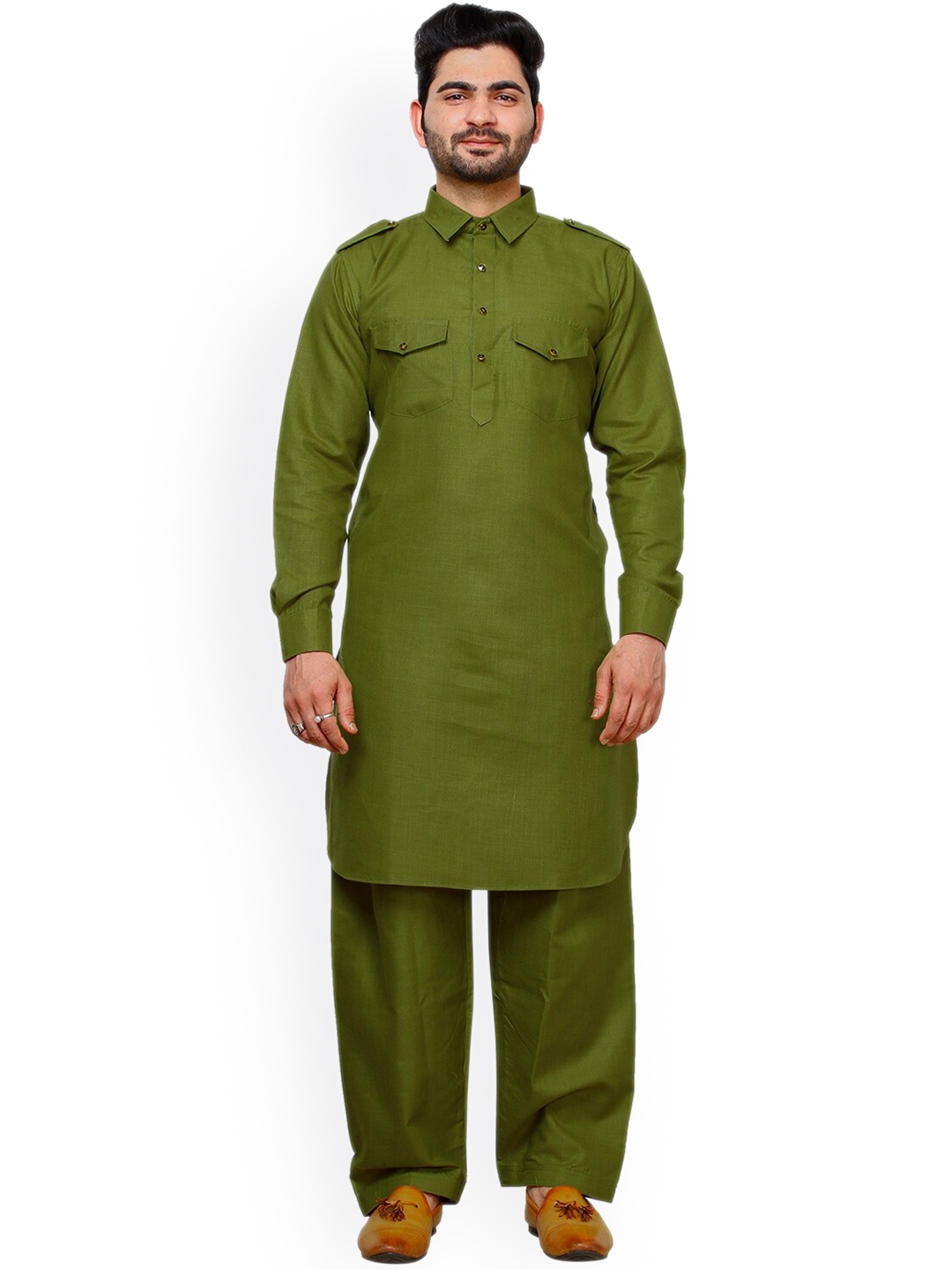 

Pro-Ethic STYLE DEVELOPER Shirt Collar Cotton Pathani Kurta With Pyjamas, Green