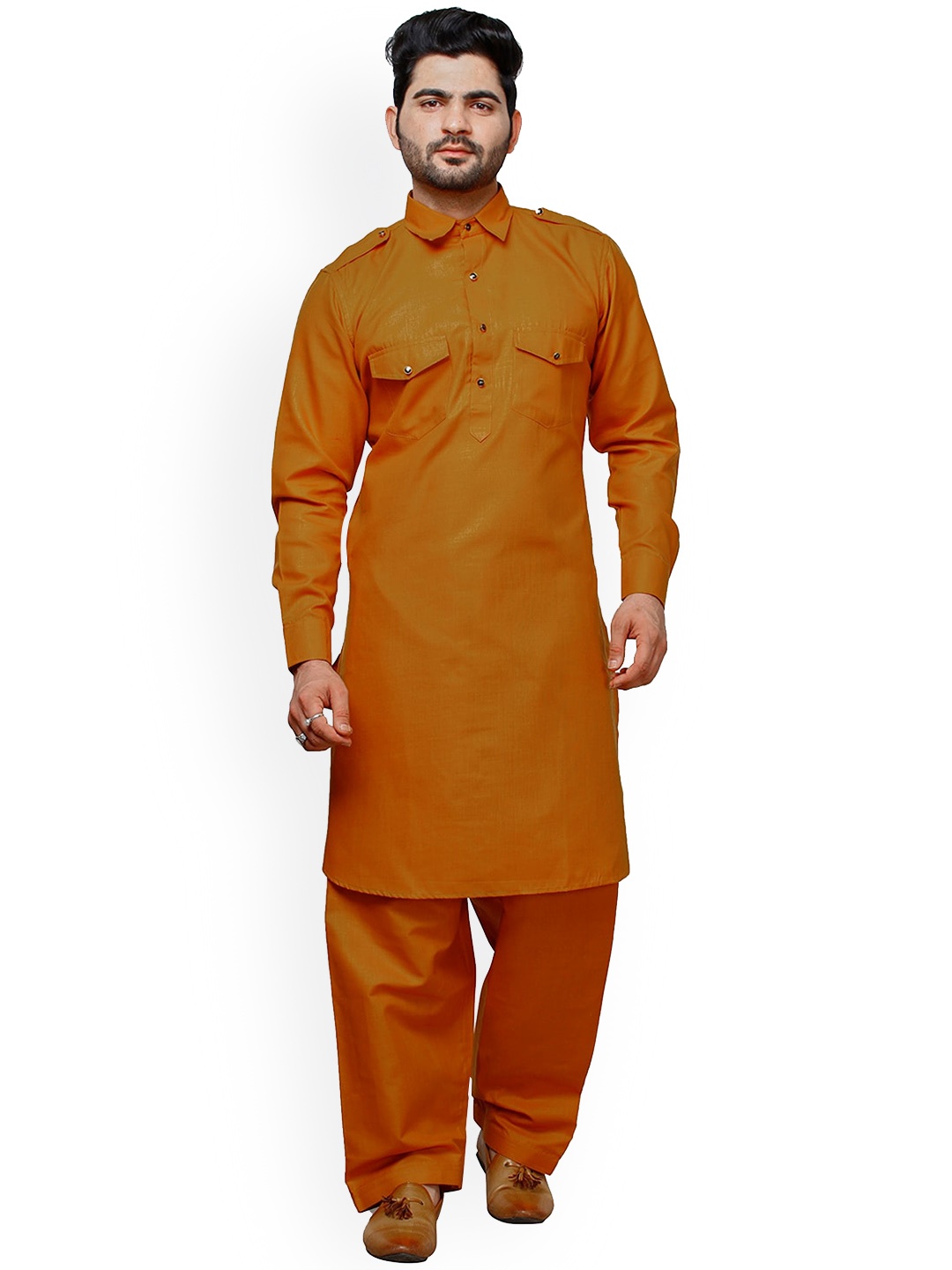

Pro-Ethic STYLE DEVELOPER Shirt Collar Cotton Pathani Kurta With Pyjamas, Mustard