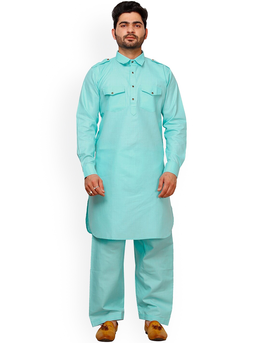 

Pro-Ethic STYLE DEVELOPER Shirt Collar Pathani Kurta With Pyjamas, Turquoise blue