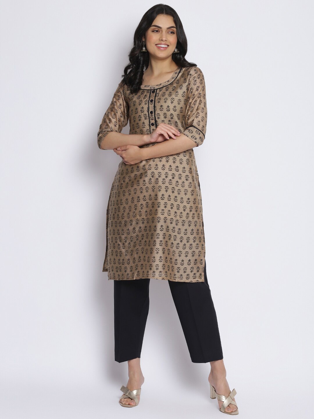 

MIKHAD Ethnic Motifs Printed Gotta Patti Pure Cotton Kurta, Taupe