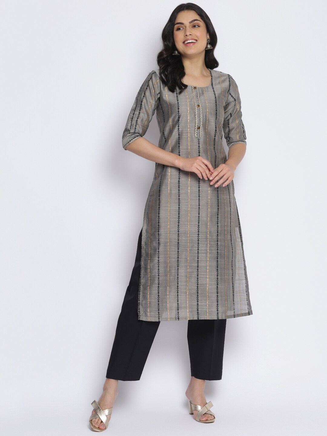 

MIKHAD Striped Thread Work Pure Cotton Kurta, Grey